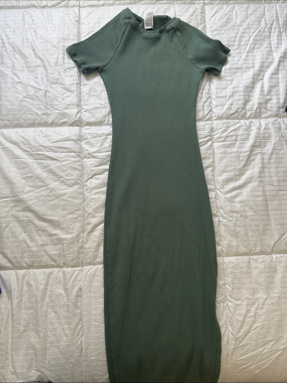Ribbed Short-Sleeve Long Tight Dress in Sage Green